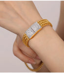 Elegante Pulseira Geométrica para Mulheres, Aço Inoxidável, Banhado a Ouro, Corrente de Zircão Tecido, Pulseiras de Mão, Jóias de Luxo
