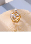 Liora moda 316l anéis de aço inoxidável para mulheres imitação pérola strass redondo anéis femininos na moda jóias à prova dwaterproof água