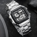 YIKAZE-Relógio Digital Masculino com Alça de Aço Inoxidável, Relógio de Pulso Eletrônico LED Impermeável, Relógios Esportivos Contagem Regressiva, Presente